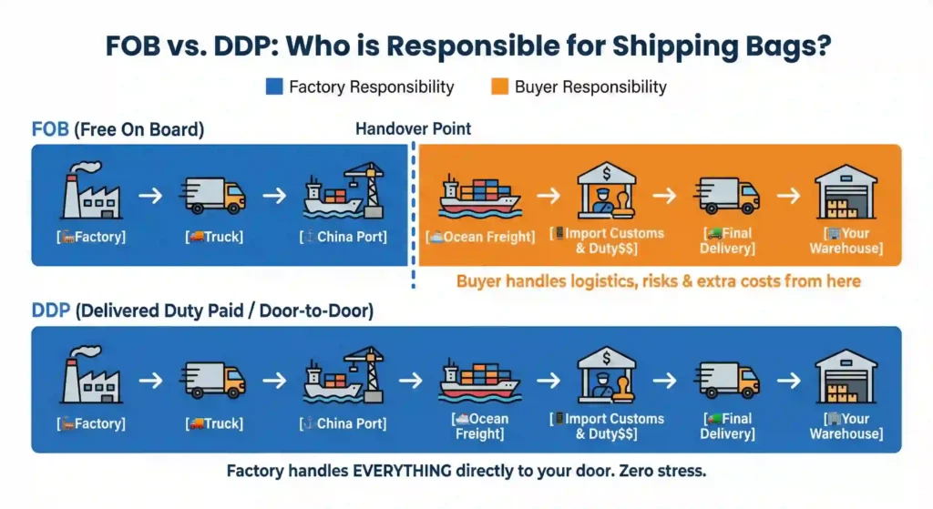 Comparison chart of FOB vs DDP responsibilities for importing bags from China