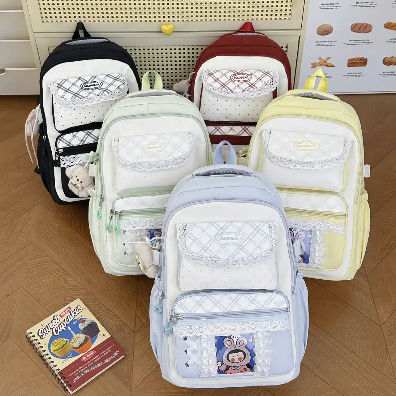 Korean Style School Backpack with Lace Trim - available colorways