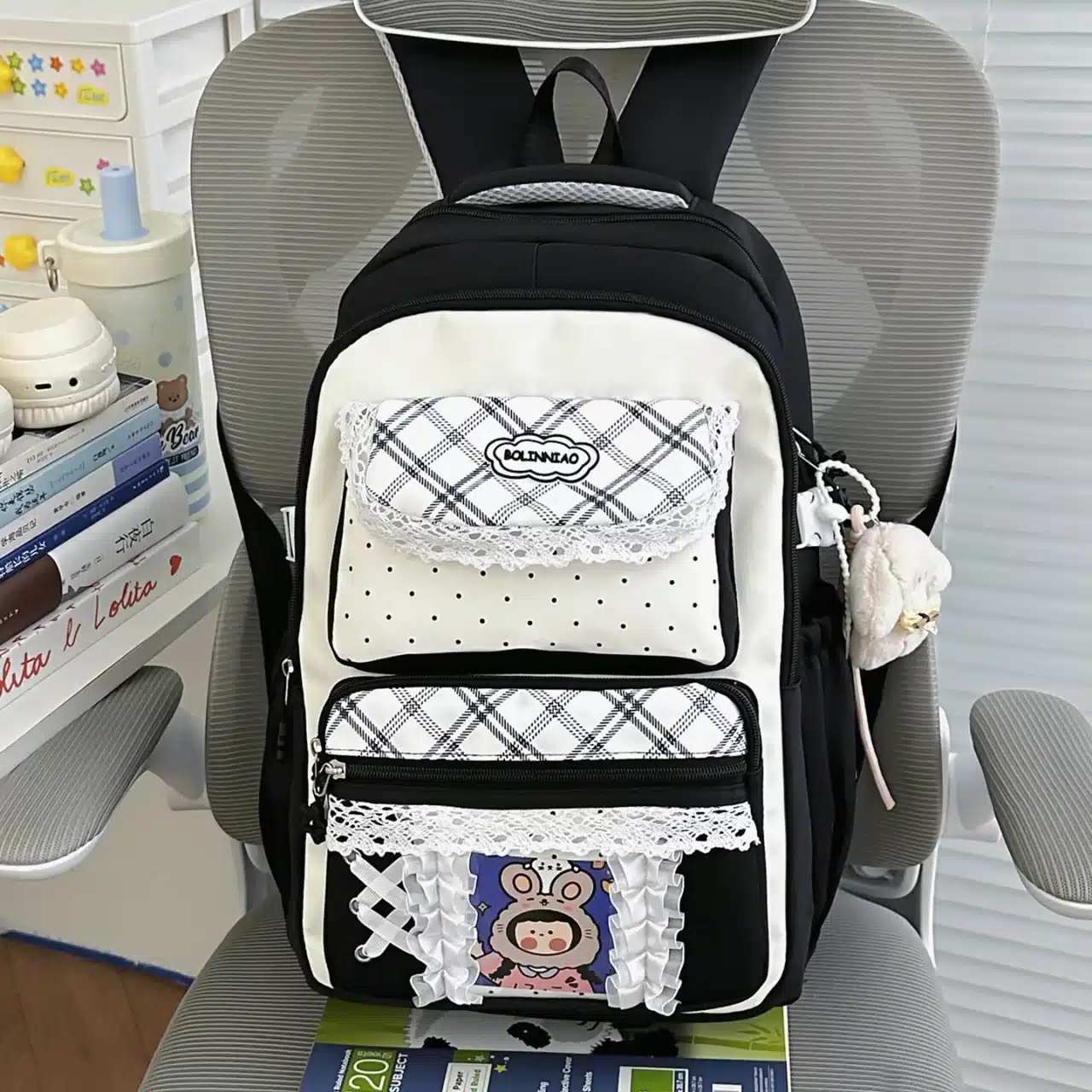 Korean Style School Backpack with Lace Trim - black colorway