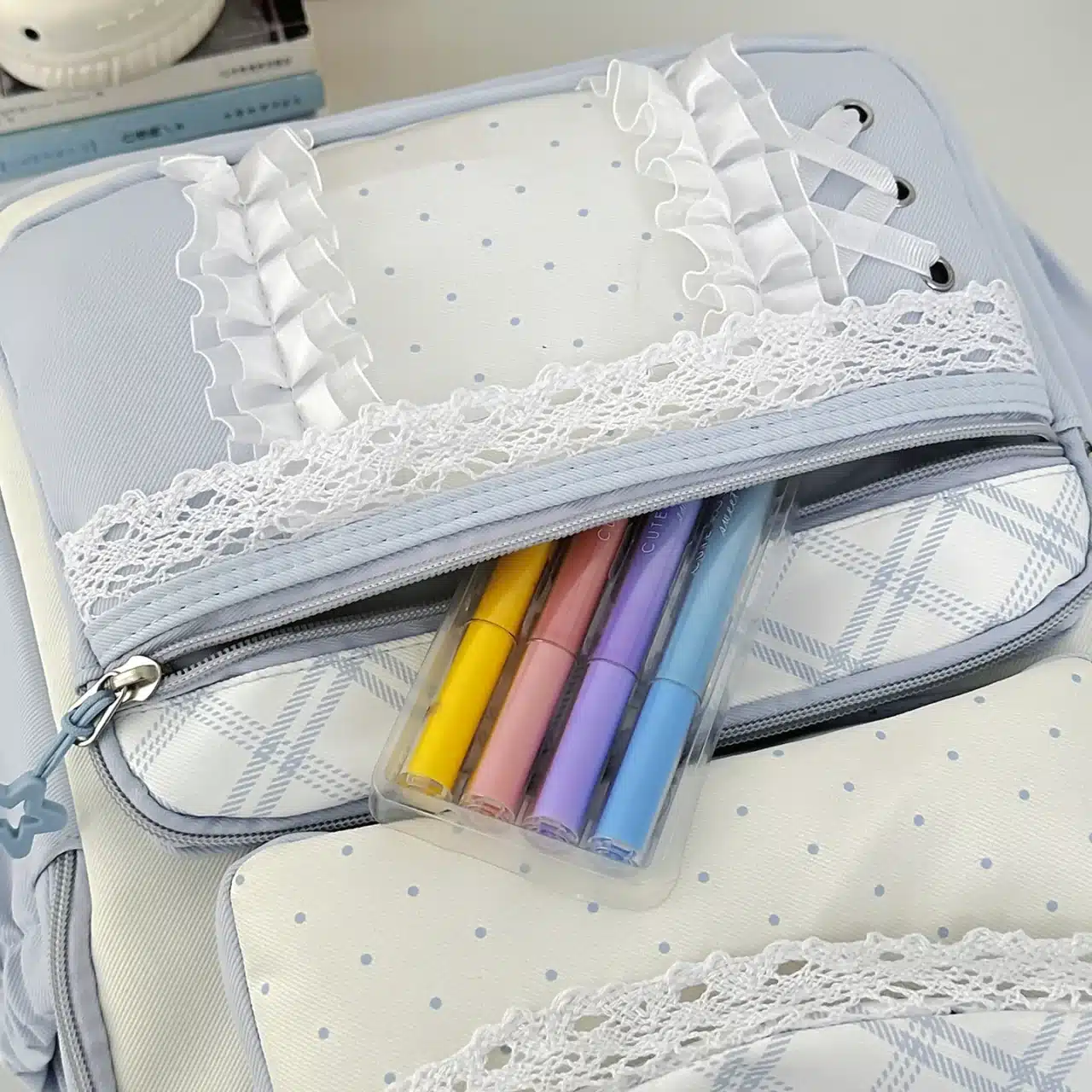 Korean Style School Backpack with Lace Trim - inner pocket detail