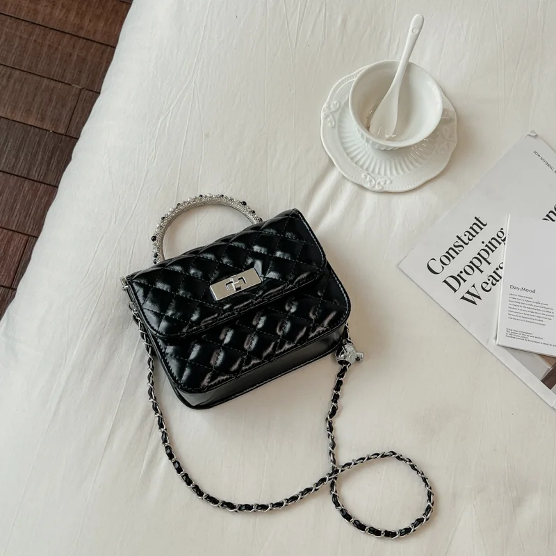 Quilted Chain Crossbody Bag for Women - black colorway, side view