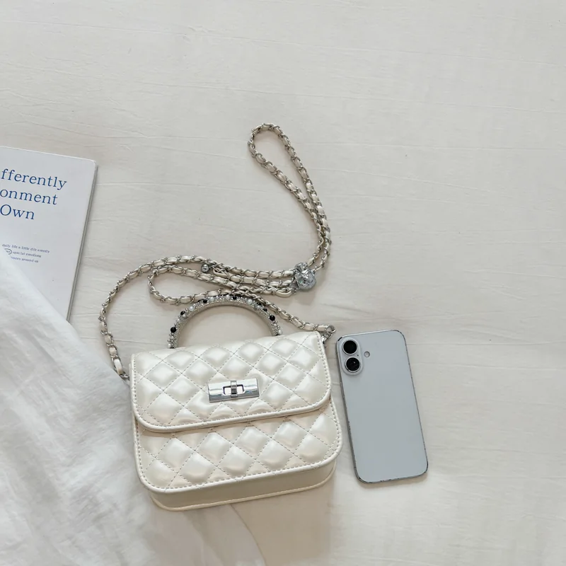 Quilted Chain Crossbody Bag for Women - beige colorway