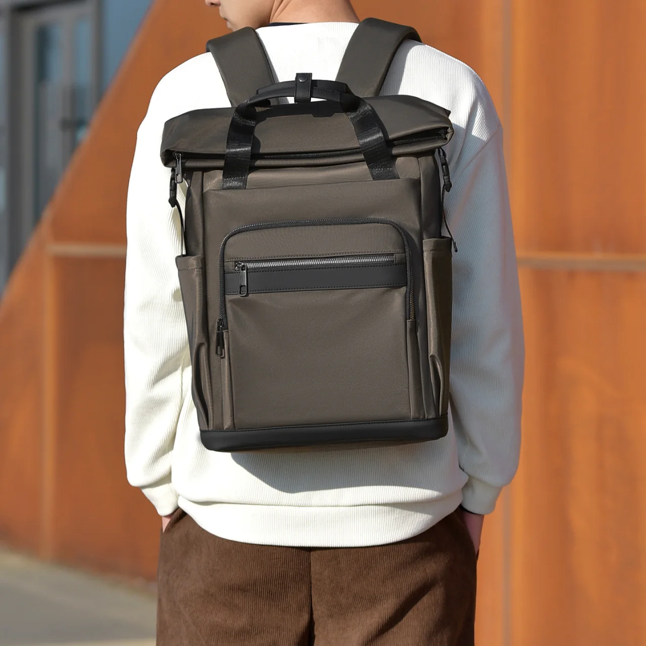 Roll-Top Business Laptop Backpack - worn by model